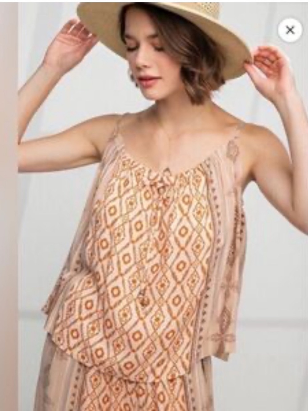 NWT: Easel Boho Mixed Print Beaded Tie Neckline Relaxed Fit Tank Top• Large